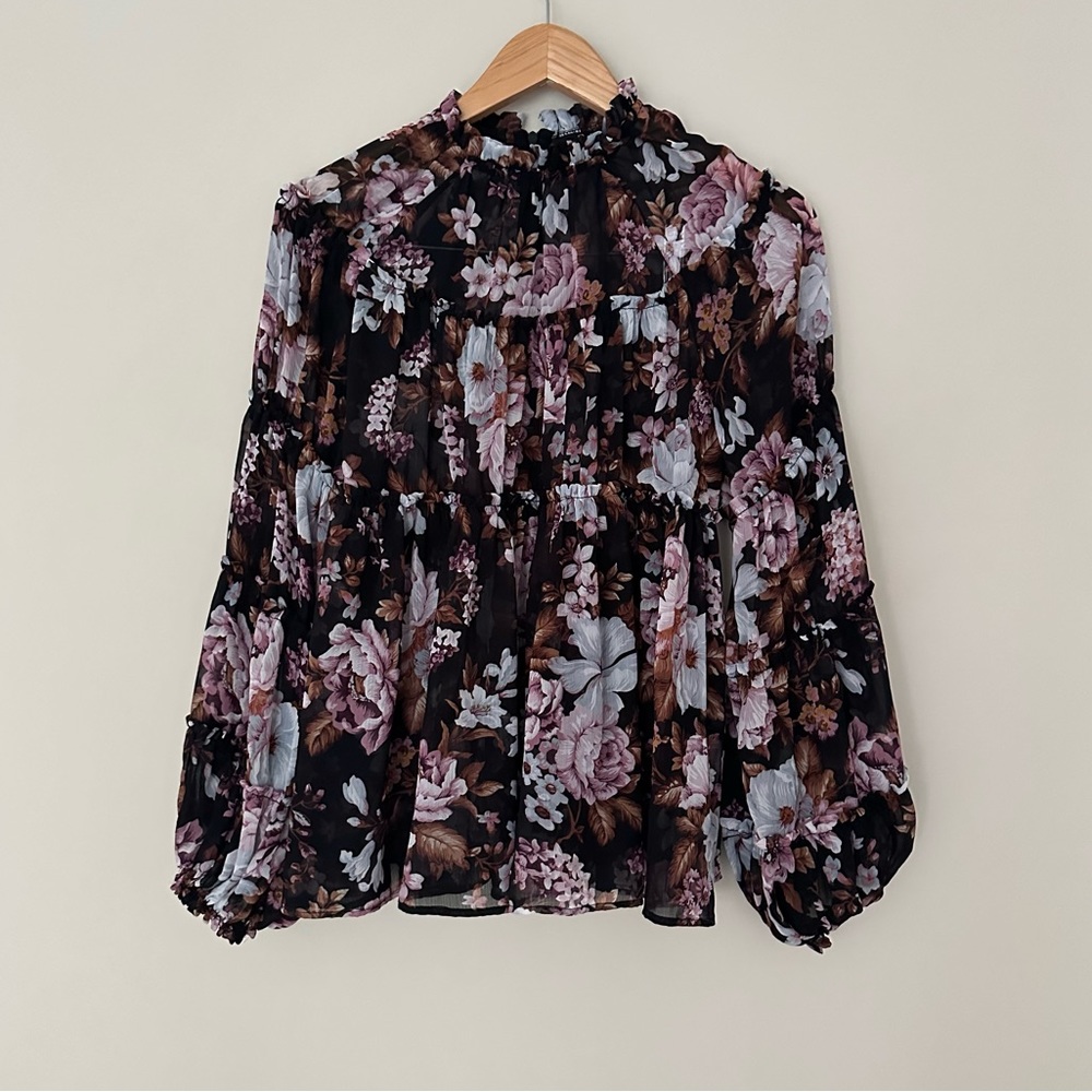 O.p.t Black Floral Mockneck Blouse